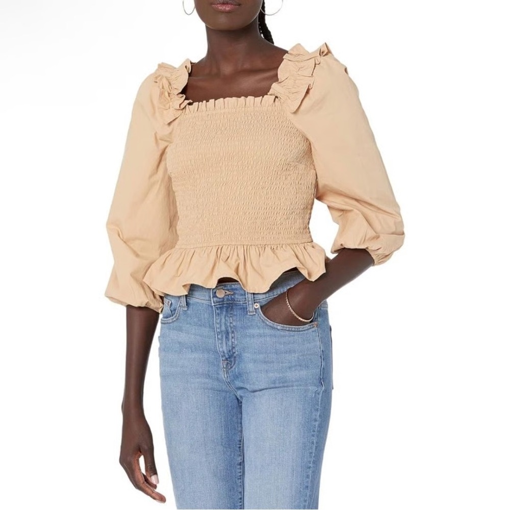 The Drop tan Marisol ruffled smocked‎ top blouse (XS)